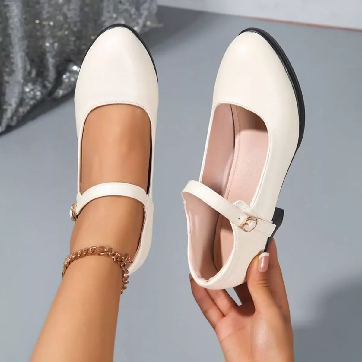 Elegant Mid Heel Buckle Block Heel Pumps