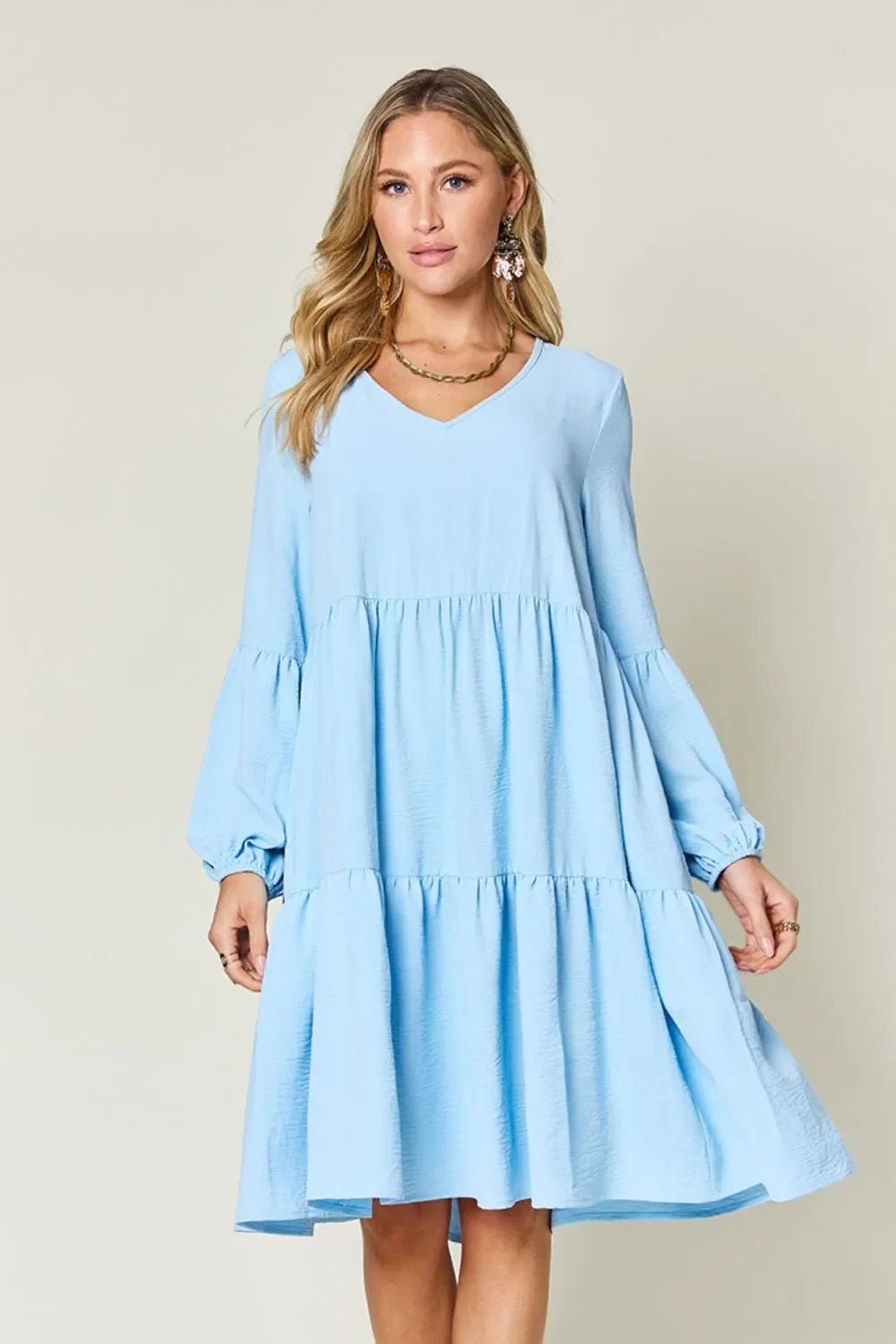 V Neck Balloon Sleeve Tiered Dress With Pockets
