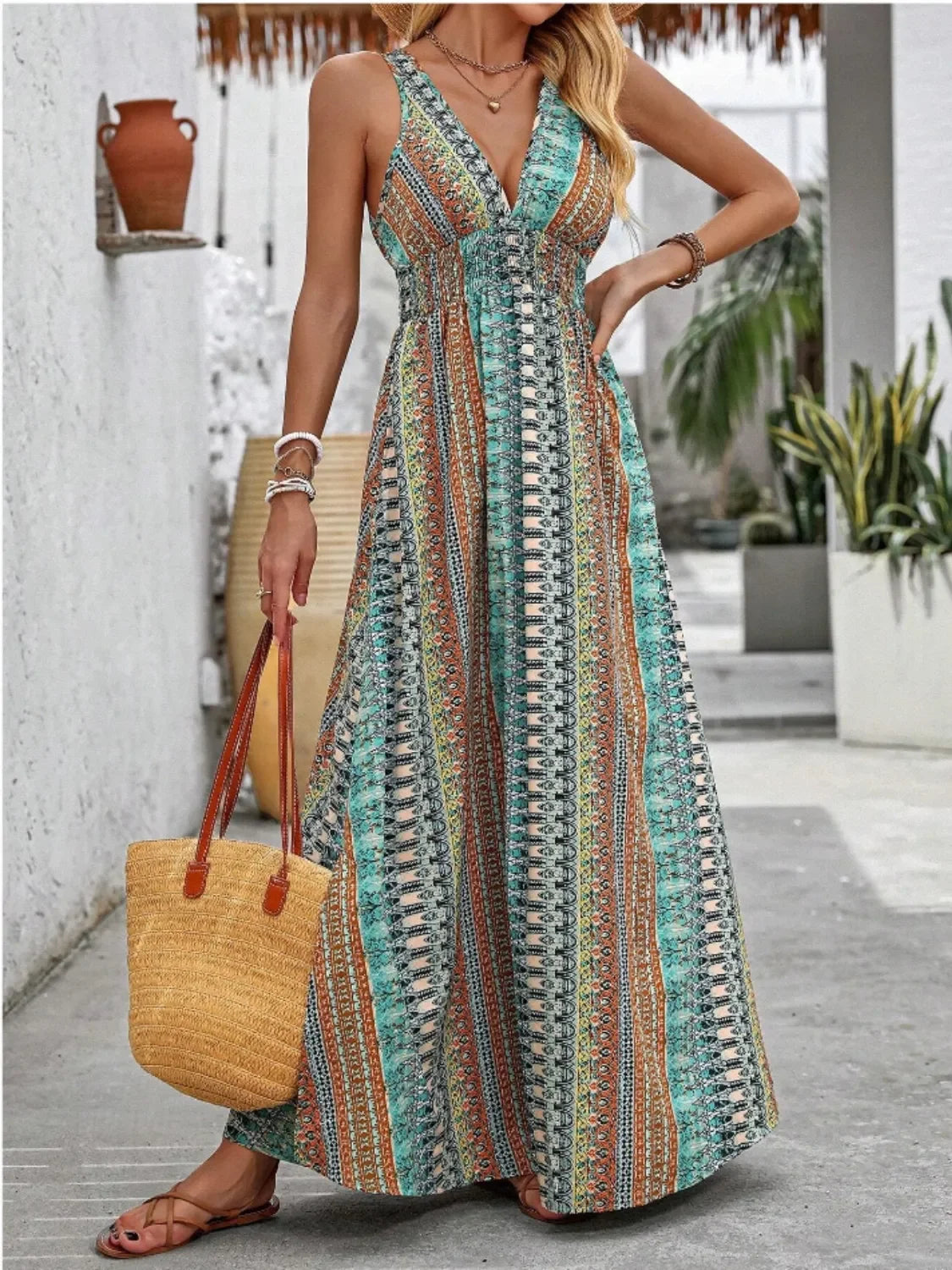 Printed All-Over Tied-Back Sleeveless Maxi Dress With Slit - Southern Shores Clothing
