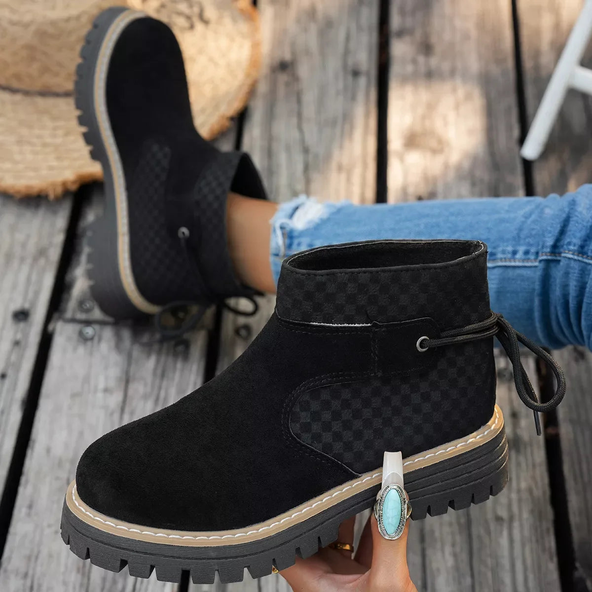 Round Toe Platform Boots Suede Rubber Mid Heel - Southern Shores Clothing