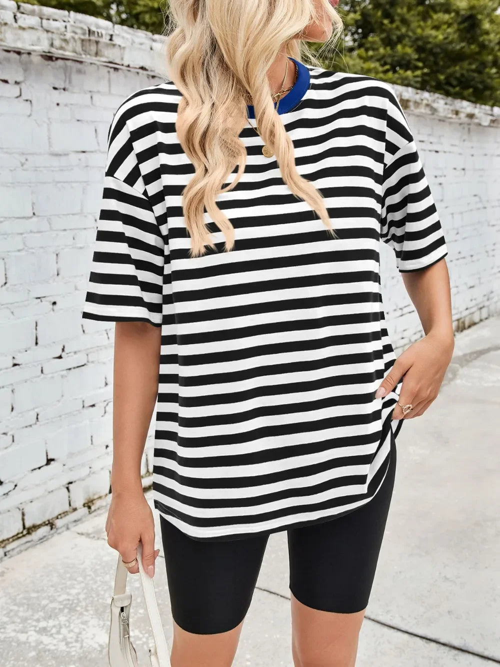 Striped Round Neck Half Sleeve Stretchy T Shirt - Southern Shores Clothing