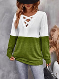 Crisscross V-Neck Block Long Sleeve Stretch T-Shirt - Southern Shores Clothing