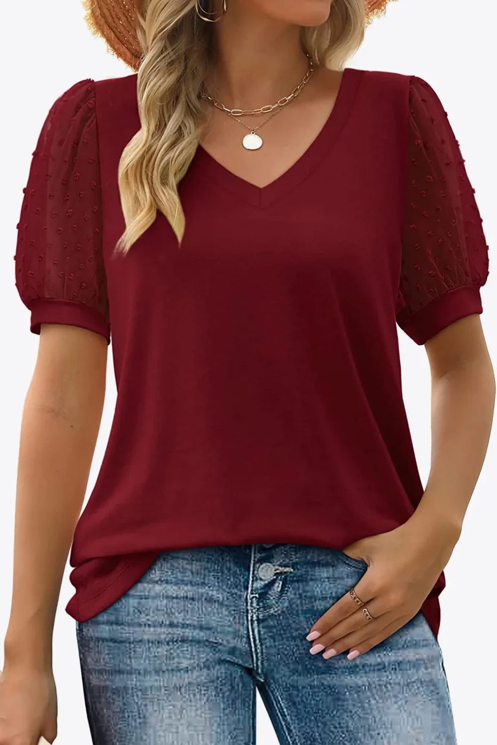 Swiss Dot Puff Sleeve V-Neck Tee With Dot Detailing - Southern Shores Clothing