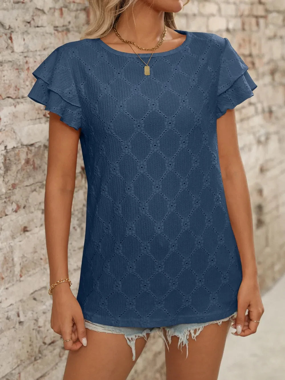 Eyelet Round Neck Ruffled Short Sleeve Top - Southern Shores Clothing
