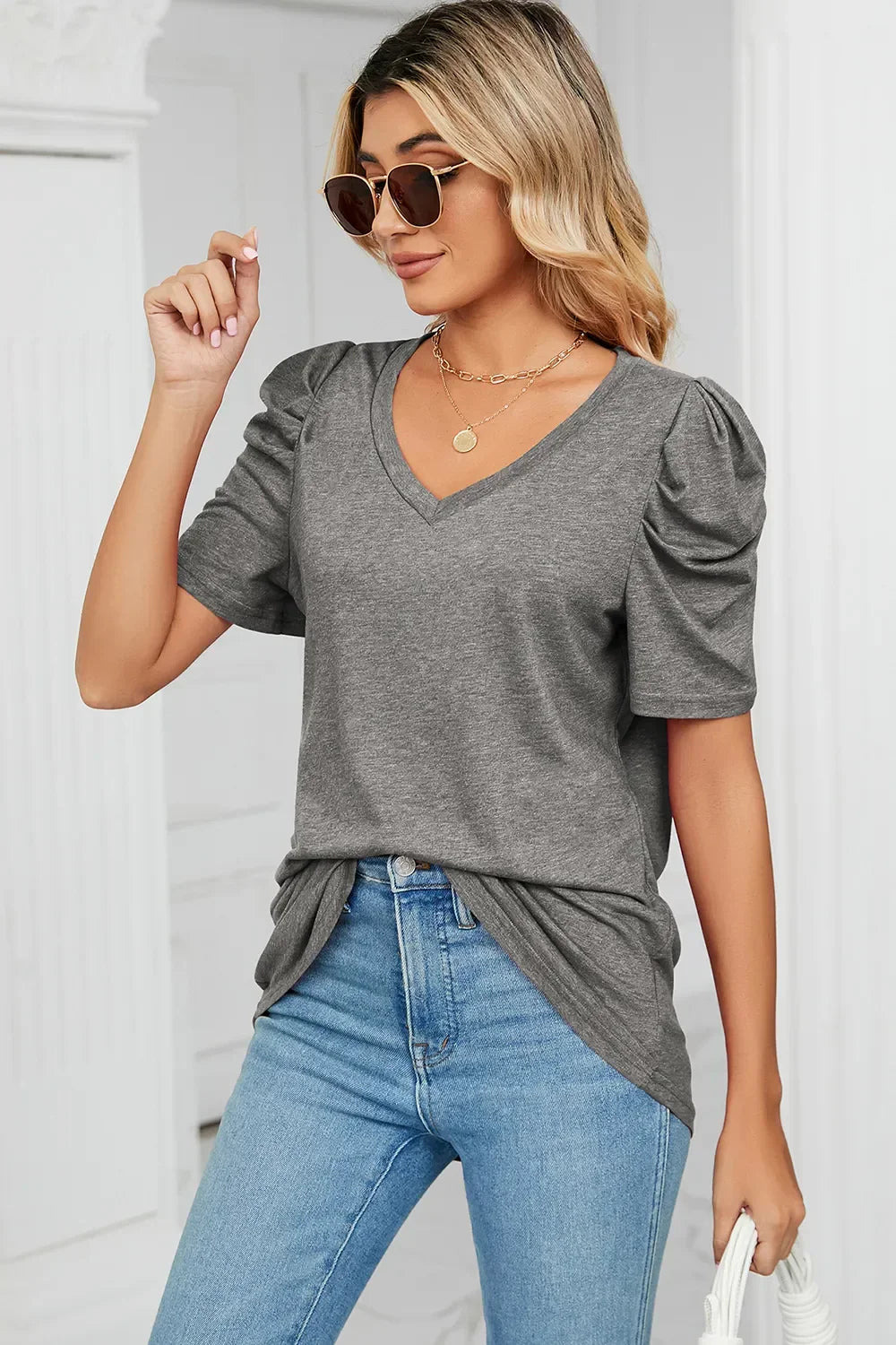 Heathered V-Neck Puff Sleeve T-Shirt - Southern Shores Clothing