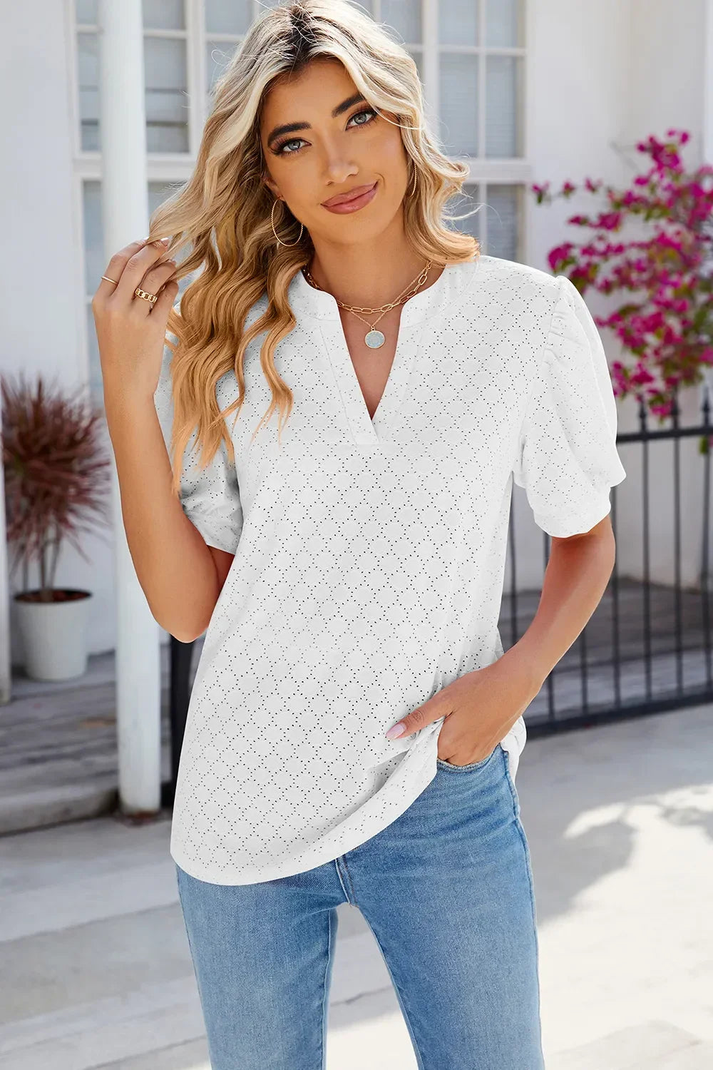 Eyelet Notched Puff Sleeve T-Shirt - Southern Shores Clothing