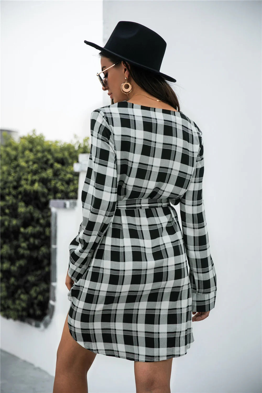 Plaid V-Neck Tie Waist Dress - Southern Shores Clothing