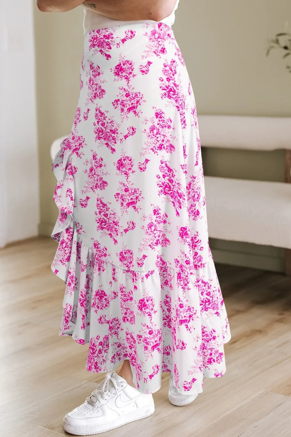 Boho Floral High Waist Ruffle Split Maxi Skirt - Southern Shores Clothing