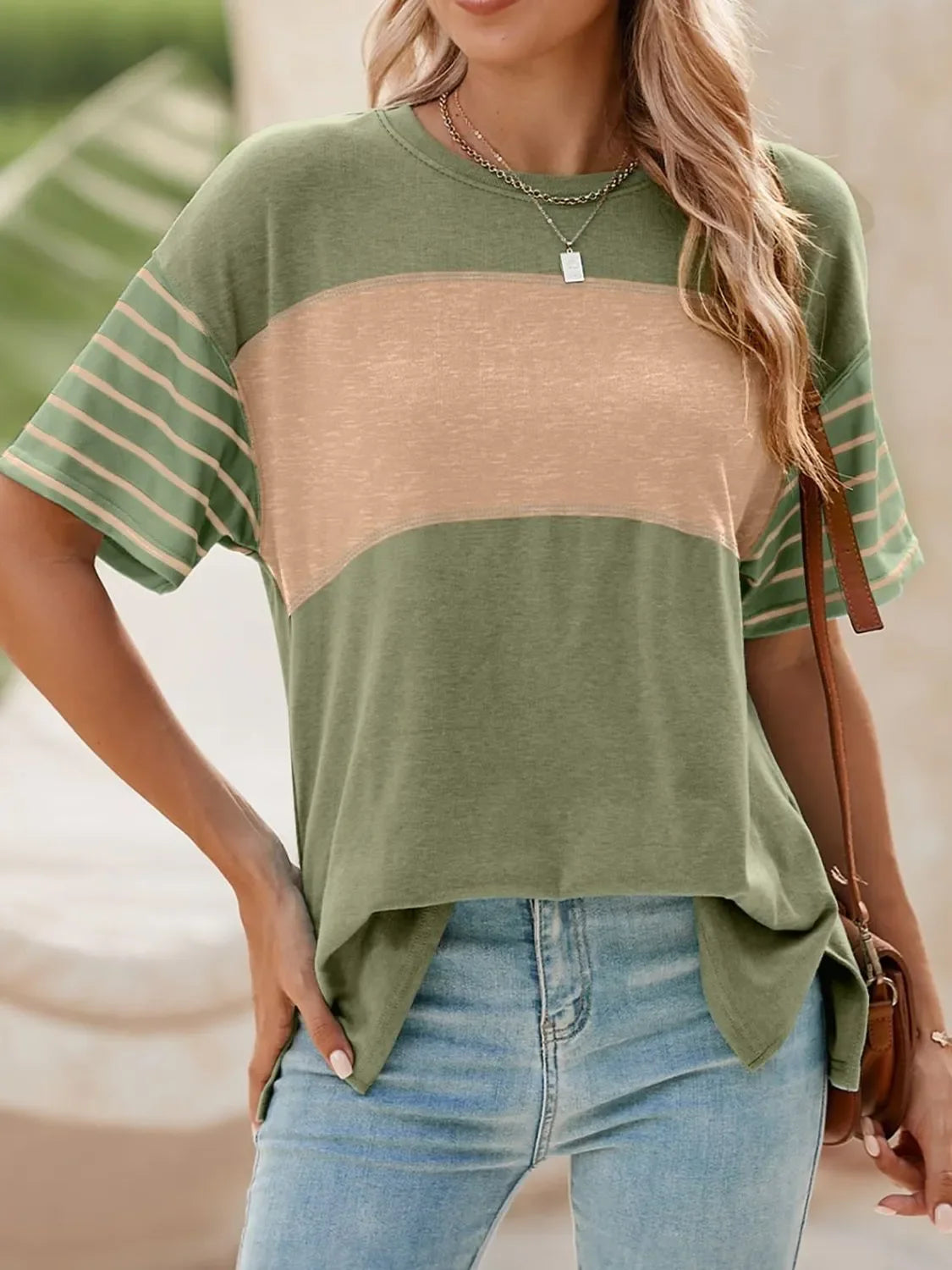 Block Striped Sleeve T Shirt With Lightweight Fabric - Southern Shores Clothing