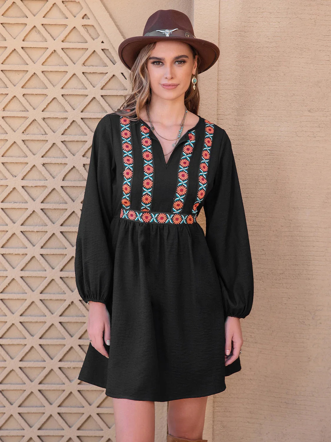 Notched Neck Long Sleeve Printed Mini Dress - Southern Shores Clothing