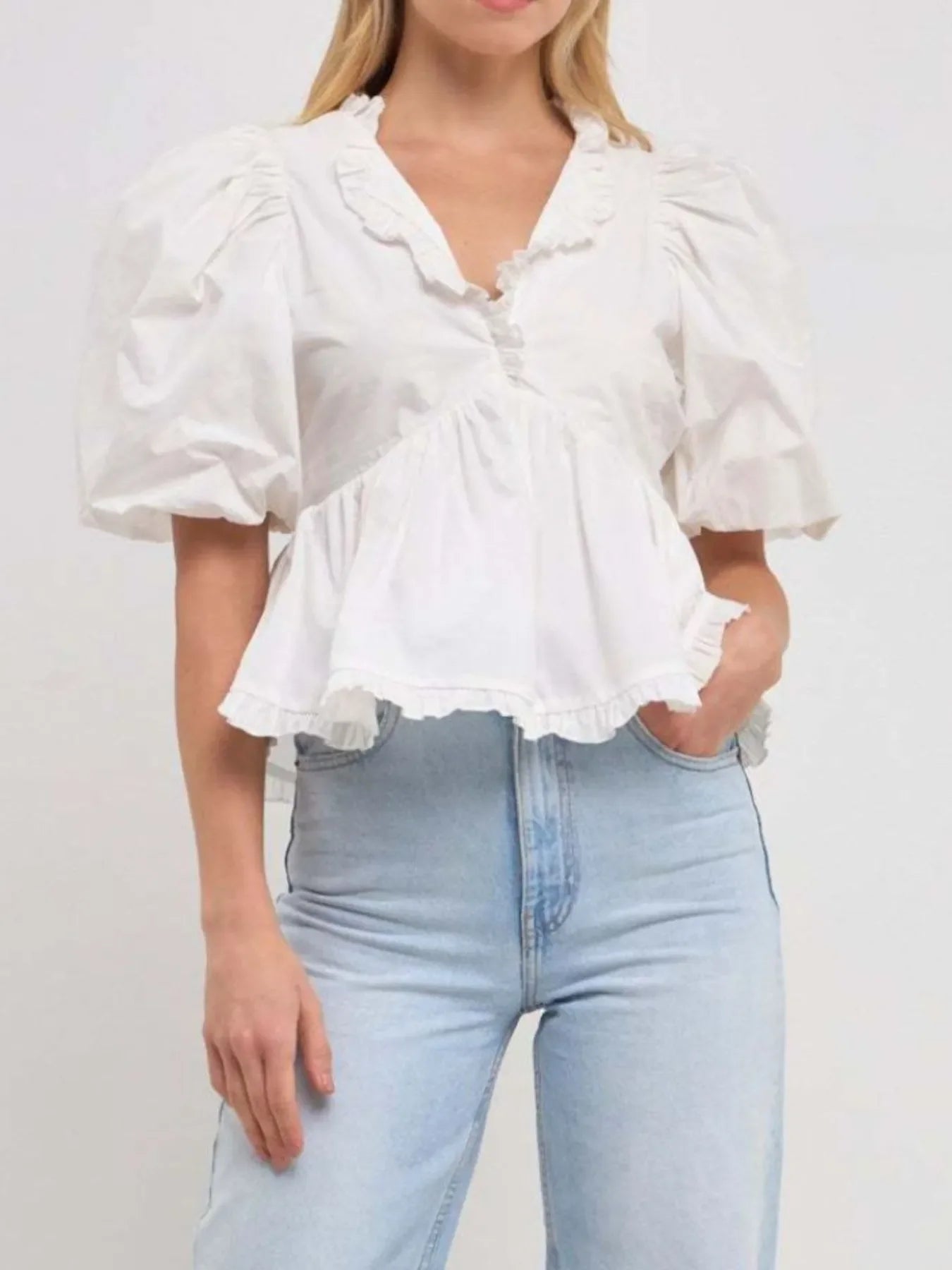 Stylish Southern Shores Clothing Puff Sleeve Peplum Blouse With Ruffles In 100% Polyester Fabric - Southern Shores Clothing