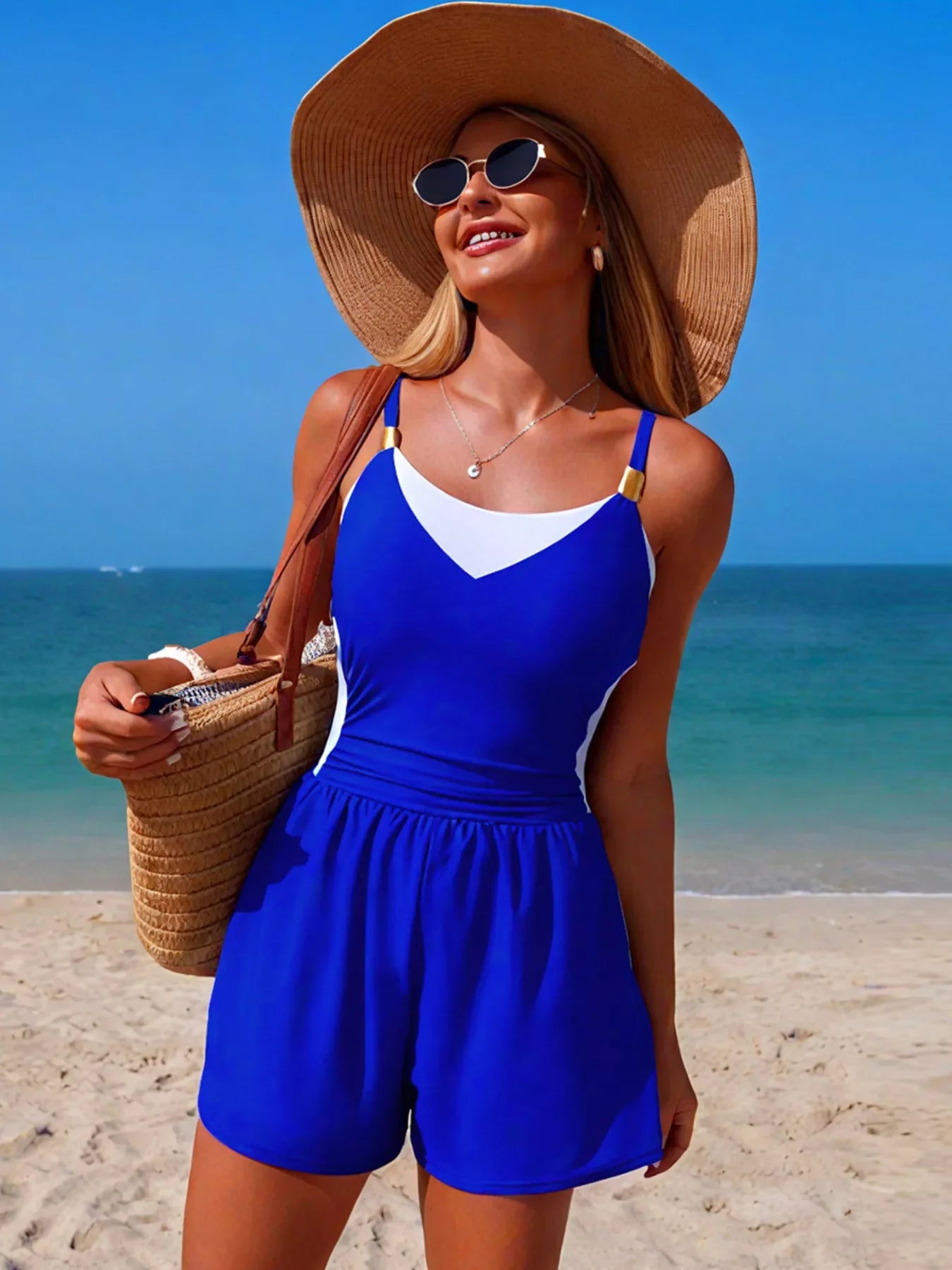 Block Pattern Adjustable Strap One Piece Swimsuit For Summer - Southern Shores Clothing