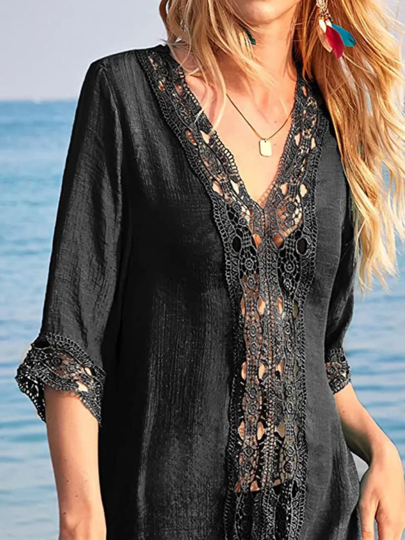 Lace Trim V-Neck Lightweight Swimwear Cover-Up - Southern Shores Clothing