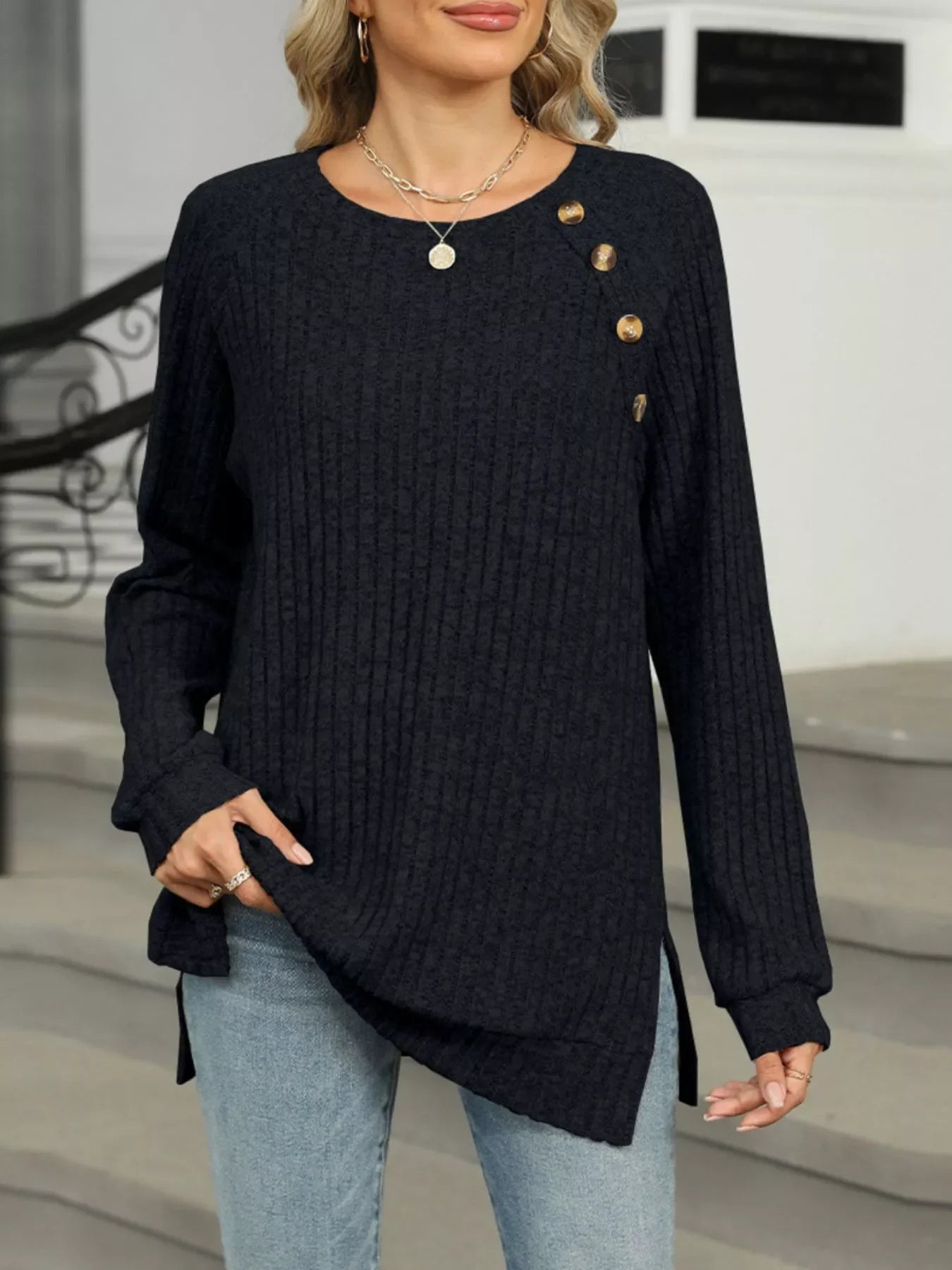 Round Neck Side Slit Ribbed Knit Top with Asymmetric Button Detail - Southern Shores Clothing