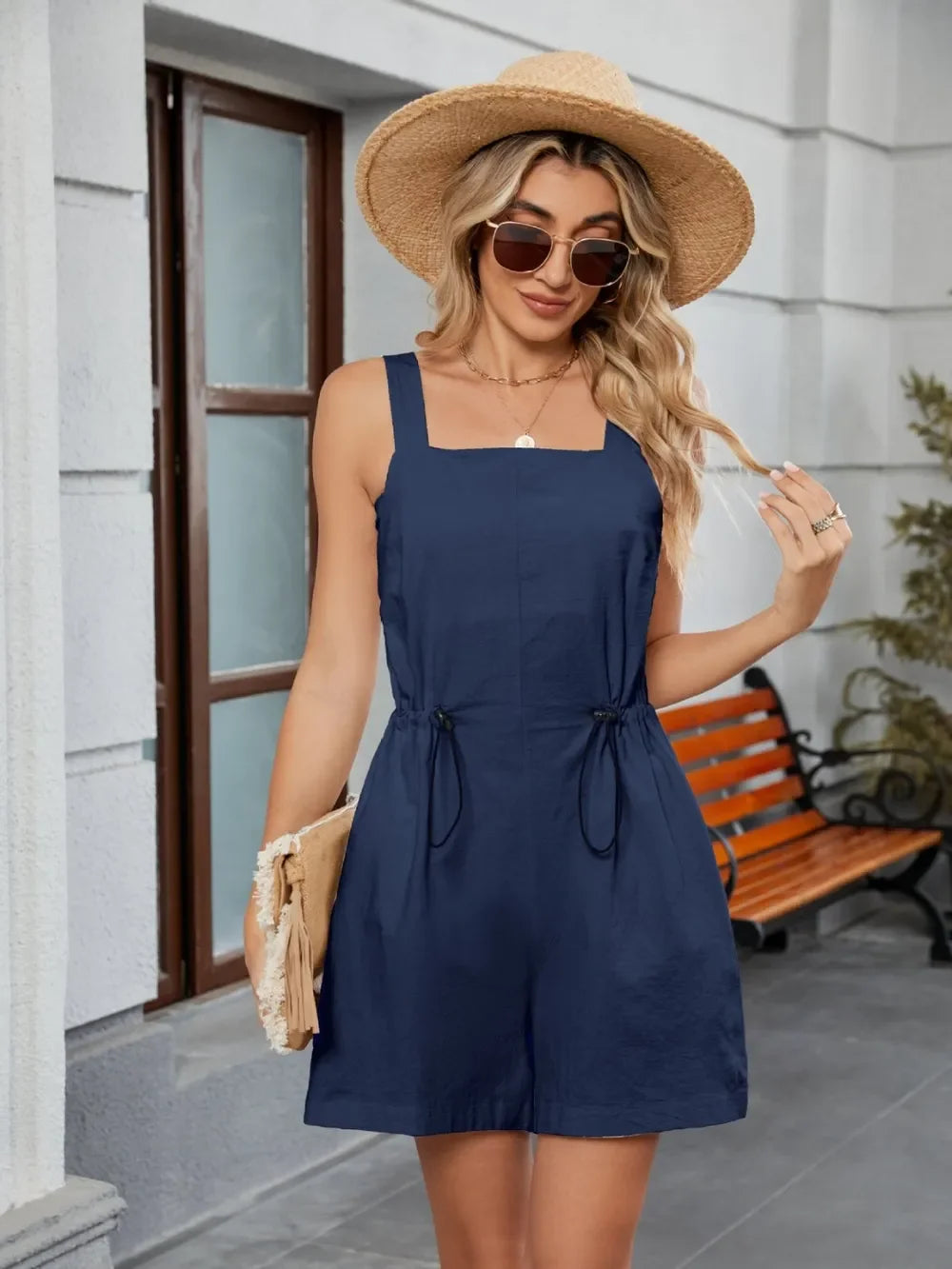 Drawstring Wide Strap Romper With Pockets - Southern Shores Clothing