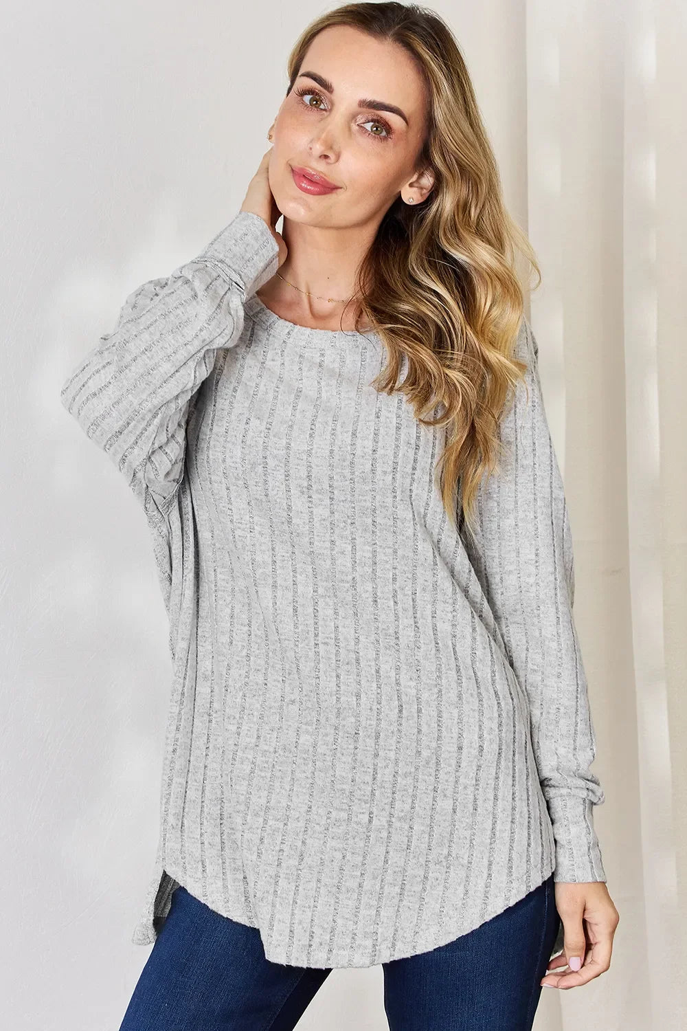 Ribbed Round Neck Slit T Shirt With Stretch - Southern Shores Clothing
