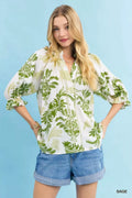 Leafy Damask Print Blouse With Contrast Scalloped Trim - Southern Shores Clothing