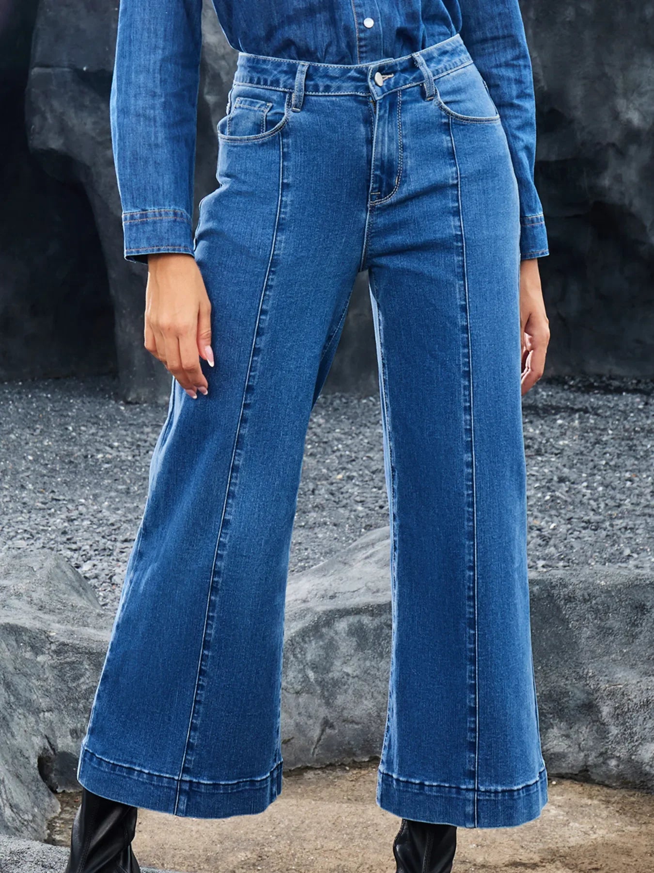 Coastal Seam Detail Flared Bottom Ankle Length Denim Jeans - Southern Shores Clothing