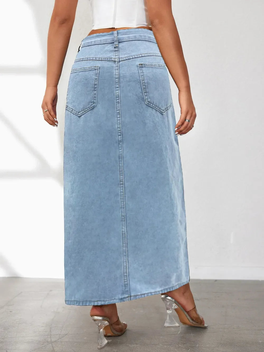 Classic High Rise Slit Denim Skirt With Flattering Fit - Southern Shores Clothing