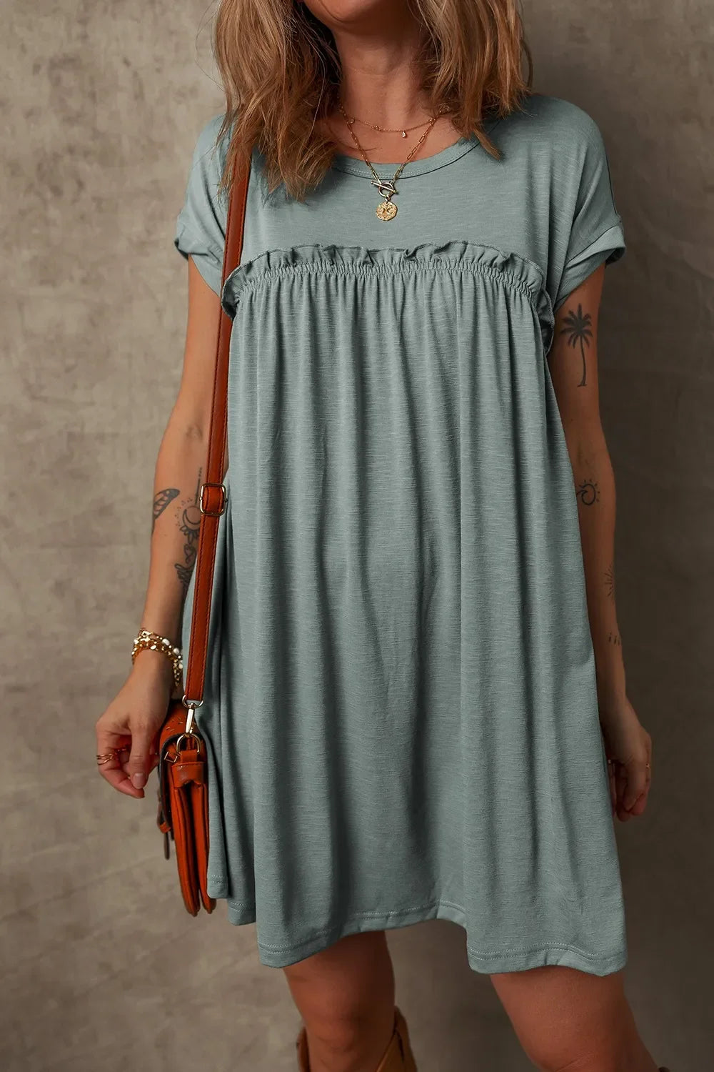 Frilled Gathered Seam Round Neck T Shirt Dress With Stretch - Southern Shores Clothing