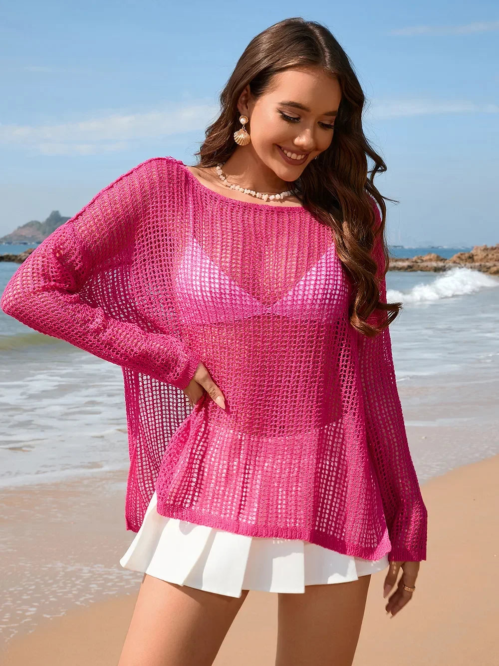 Openwork Slit Boat Neck Long Sleeve Cover-Up - Southern Shores Clothing