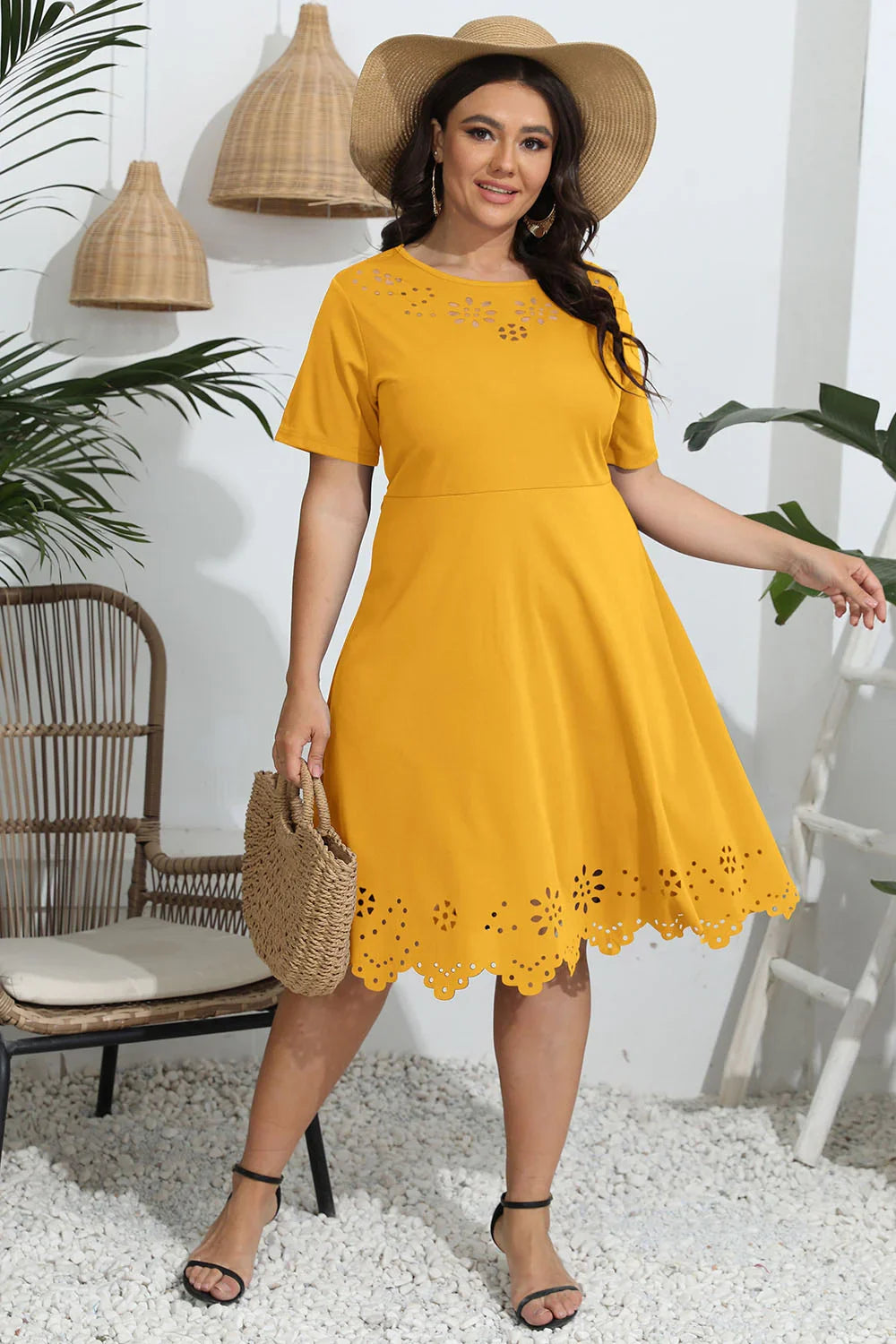 Plus Size Round Neck Openwork Dress - Southern Shores Clothing