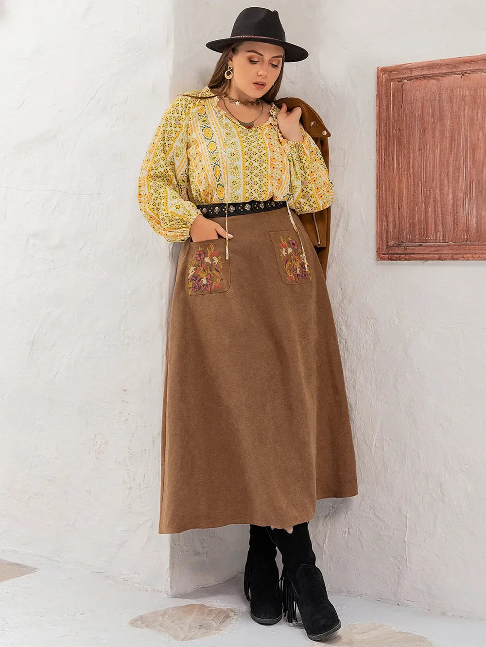 Plus Size Embroidered Pocketed High Waist Skirt - Southern Shores Clothing