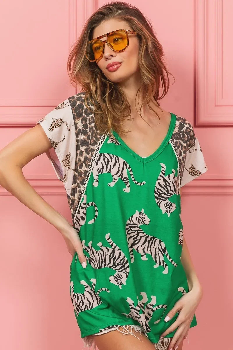 Tiger Print Jersey Block T Shirt With Aztec Trim - Southern Shores Clothing