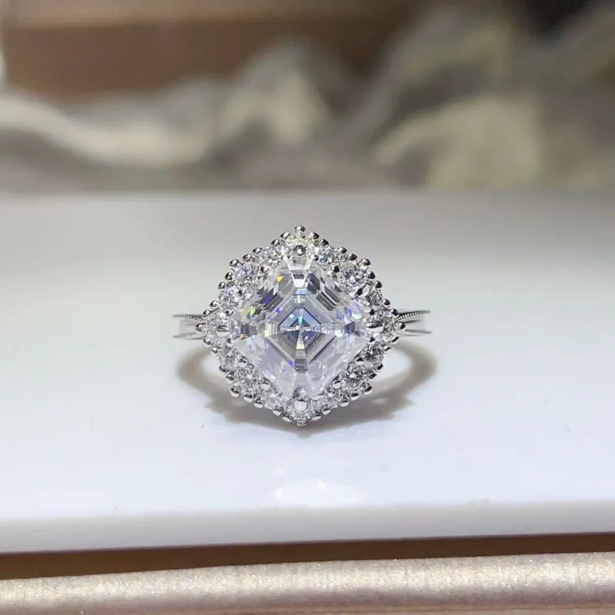 Cushion Cut Moissanite Ring 3 Carat Halo 925 Sterling Silver - Southern Shores Clothing