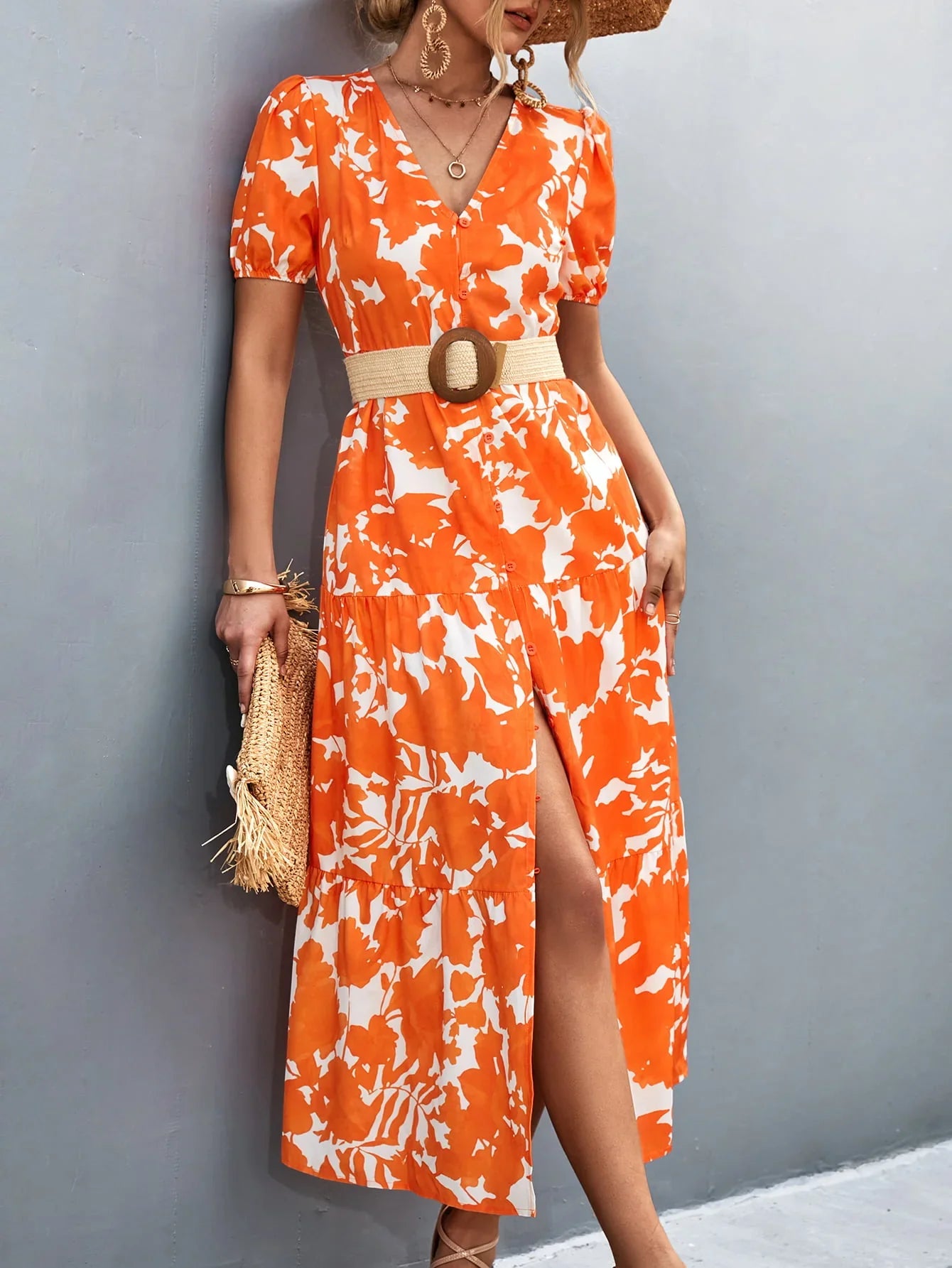 V-Neck Short Sleeve High Slit Midi Dress - Southern Shores Clothing