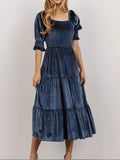 Velvet Smocked Tiered Midi Dress Coastal Style - Southern Shores Clothing