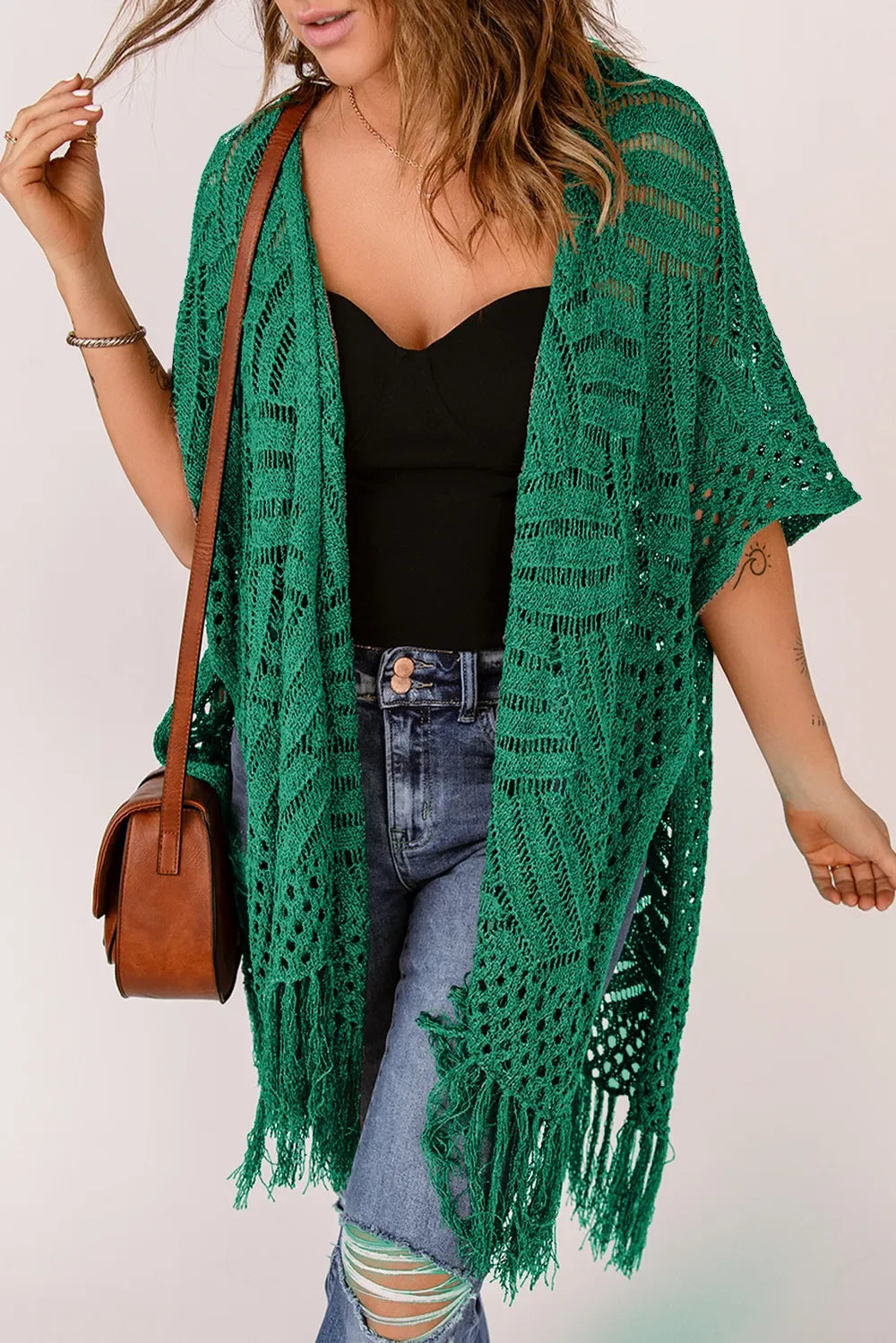 Lightweight Openwork Fringed Cardigan With Open Front - Southern Shores Clothing