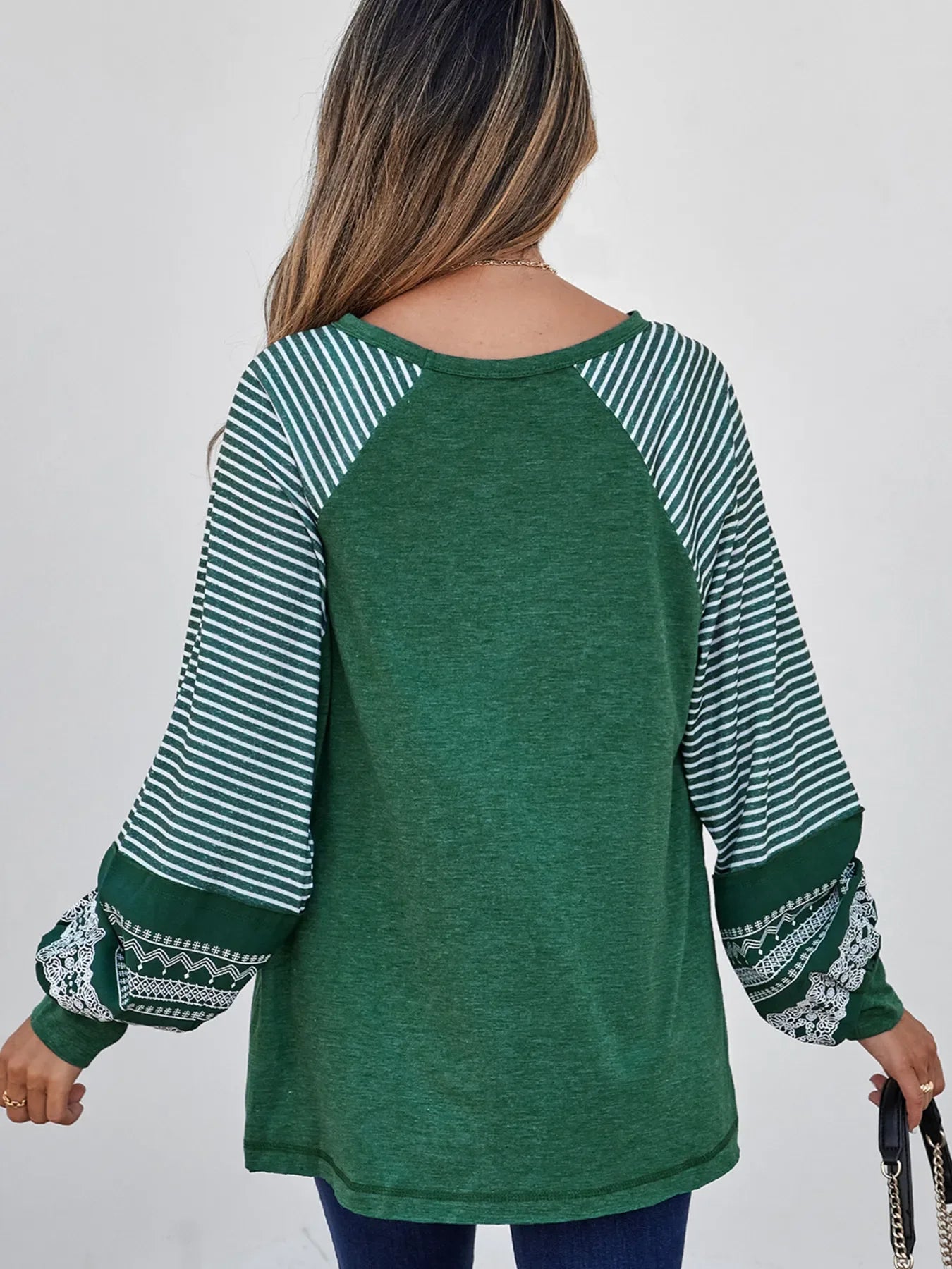 Contrast Print Striped Raglan Long Sleeve Loose Top - Southern Shores Clothing