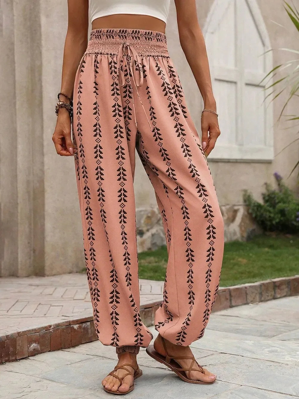 Tied Printed High Waist Wide Leg Pants With Drawstring Tie - Southern Shores Clothing