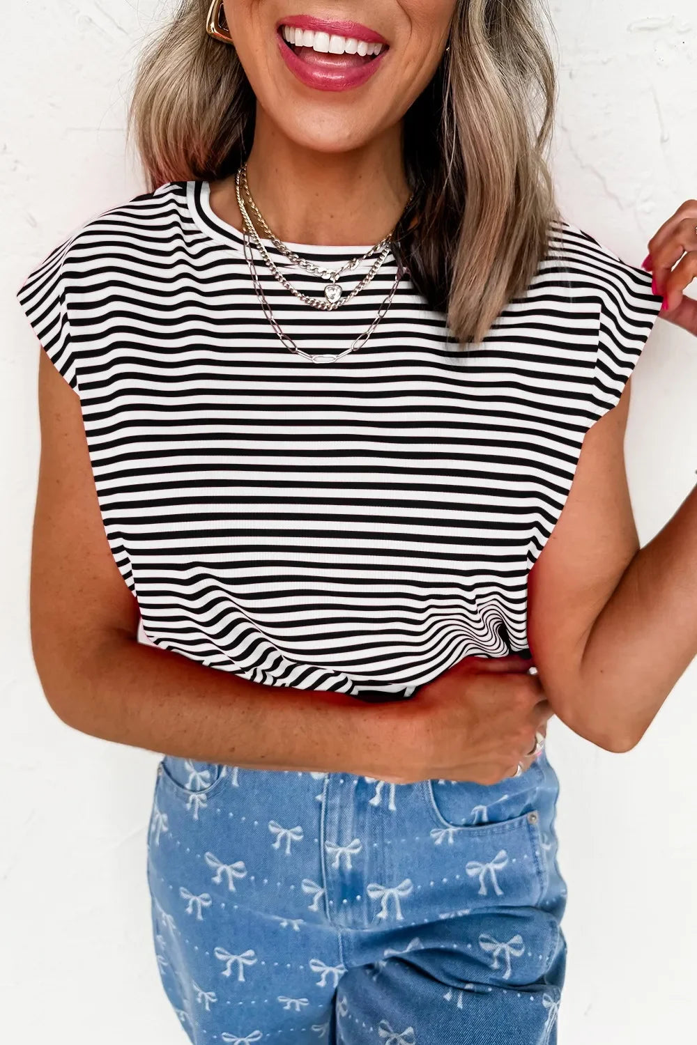 Striped Round Neck Cap Sleeve T Shirt Casual - Southern Shores Clothing