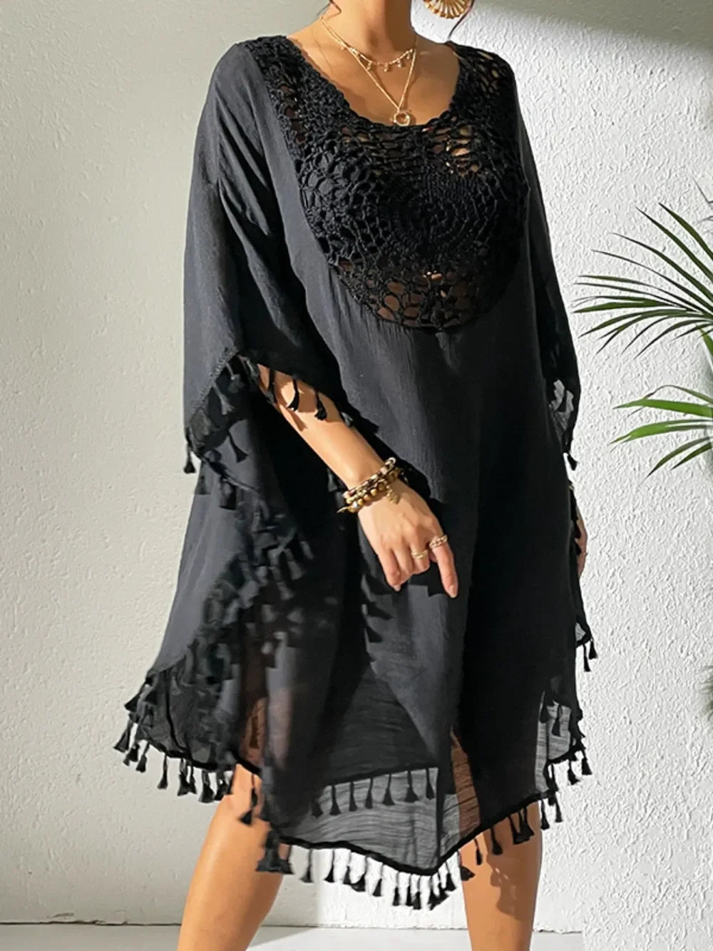 Tassel Cutout Scoop Neck Cover Up Dress One Size - Southern Shores Clothing