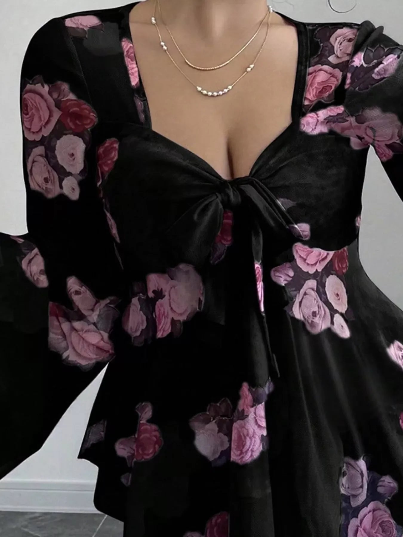 Floral Print Tie Front Flare Sleeve Blouse - Southern Shores Clothing