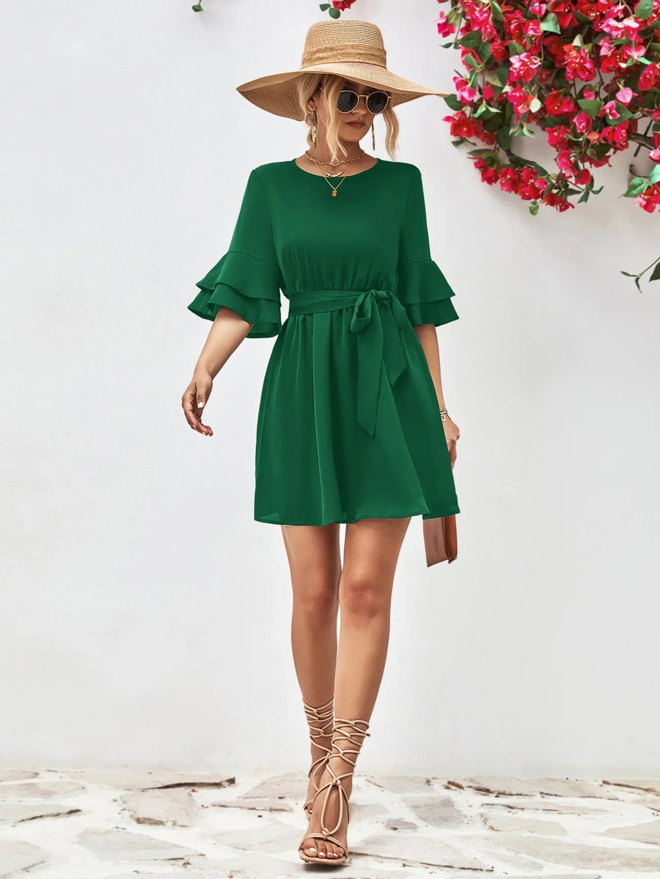 Round Neck Tie Belt Flounce Sleeve Dress - Southern Shores Clothing