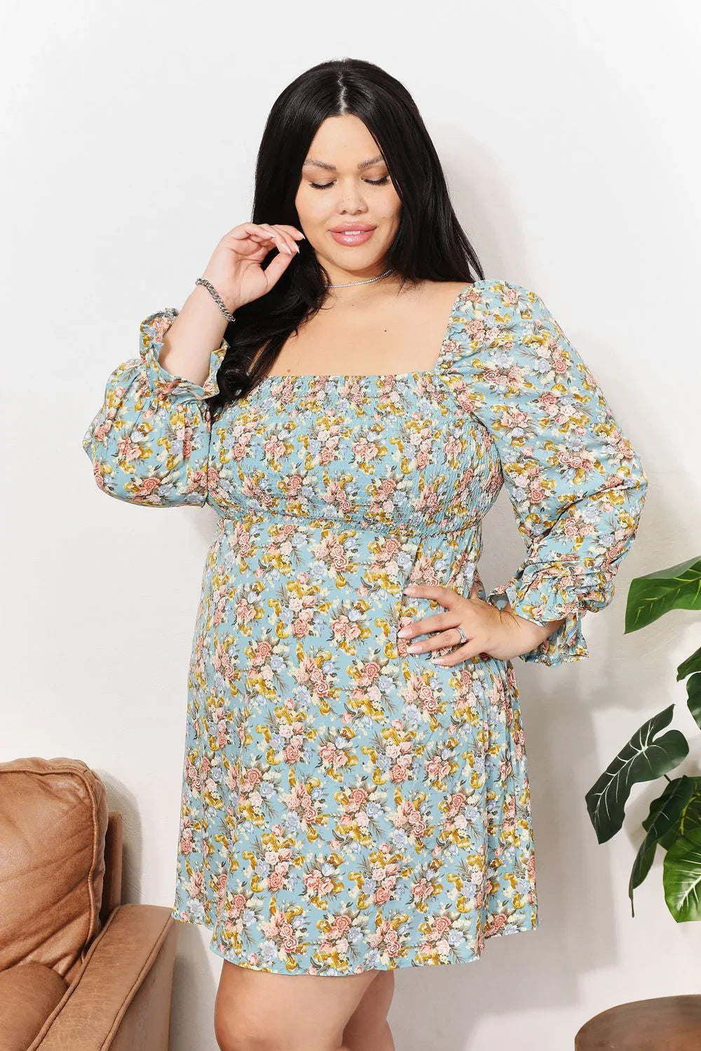 Floral Smocked Flounce Sleeve Square Neck Dress - Southern Shores Clothing