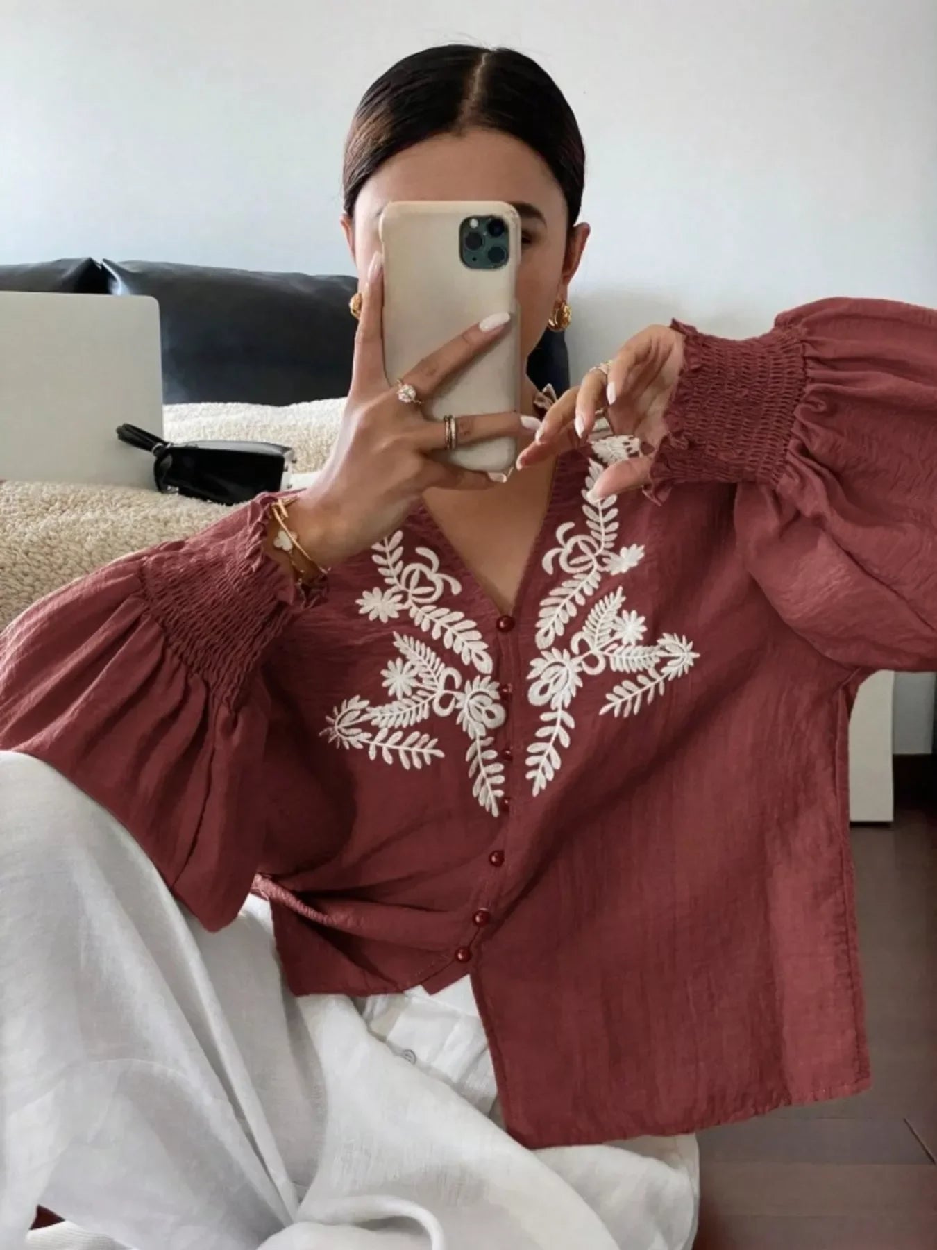 Southern Shores Elegant Embroidered Long Sleeve Buttoned Polyester Blouse With Je T'aime Design - Southern Shores Clothing