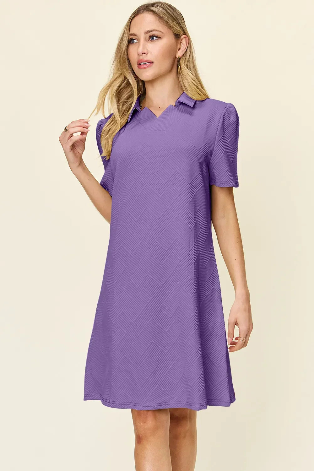 Textured Collared Neck Short Sleeve Dress - Southern Shores Clothing