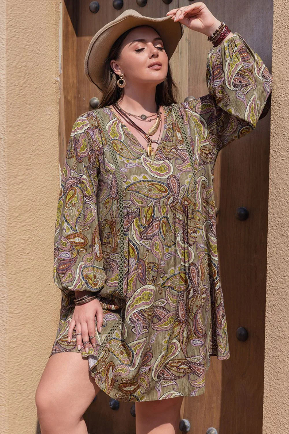 Plus Size Printed V-Neck Long Sleeve Midi Dress - Southern Shores Clothing