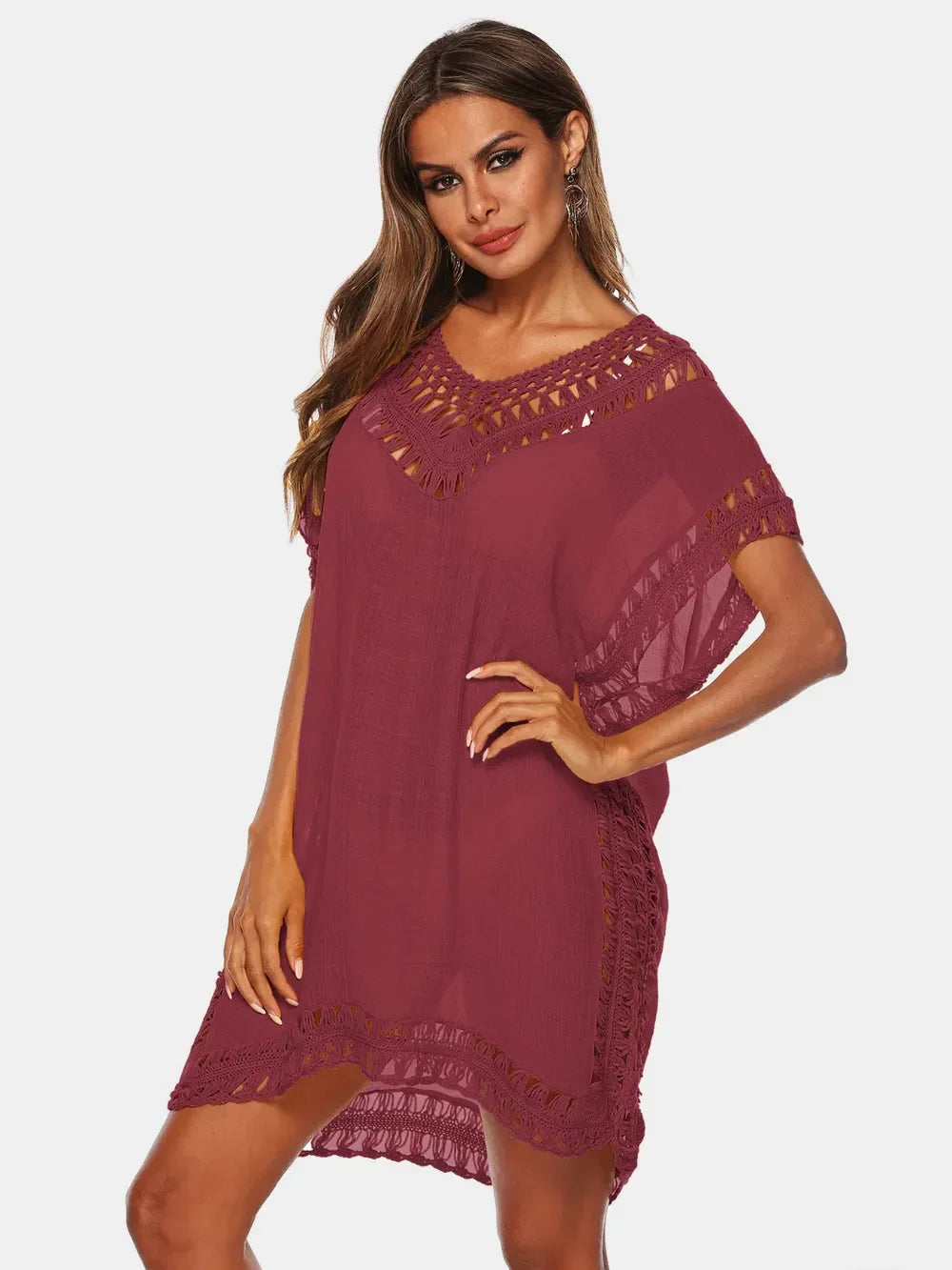 Cutout V-Neck Short Sleeve Cover-Up One Size - Southern Shores Clothing
