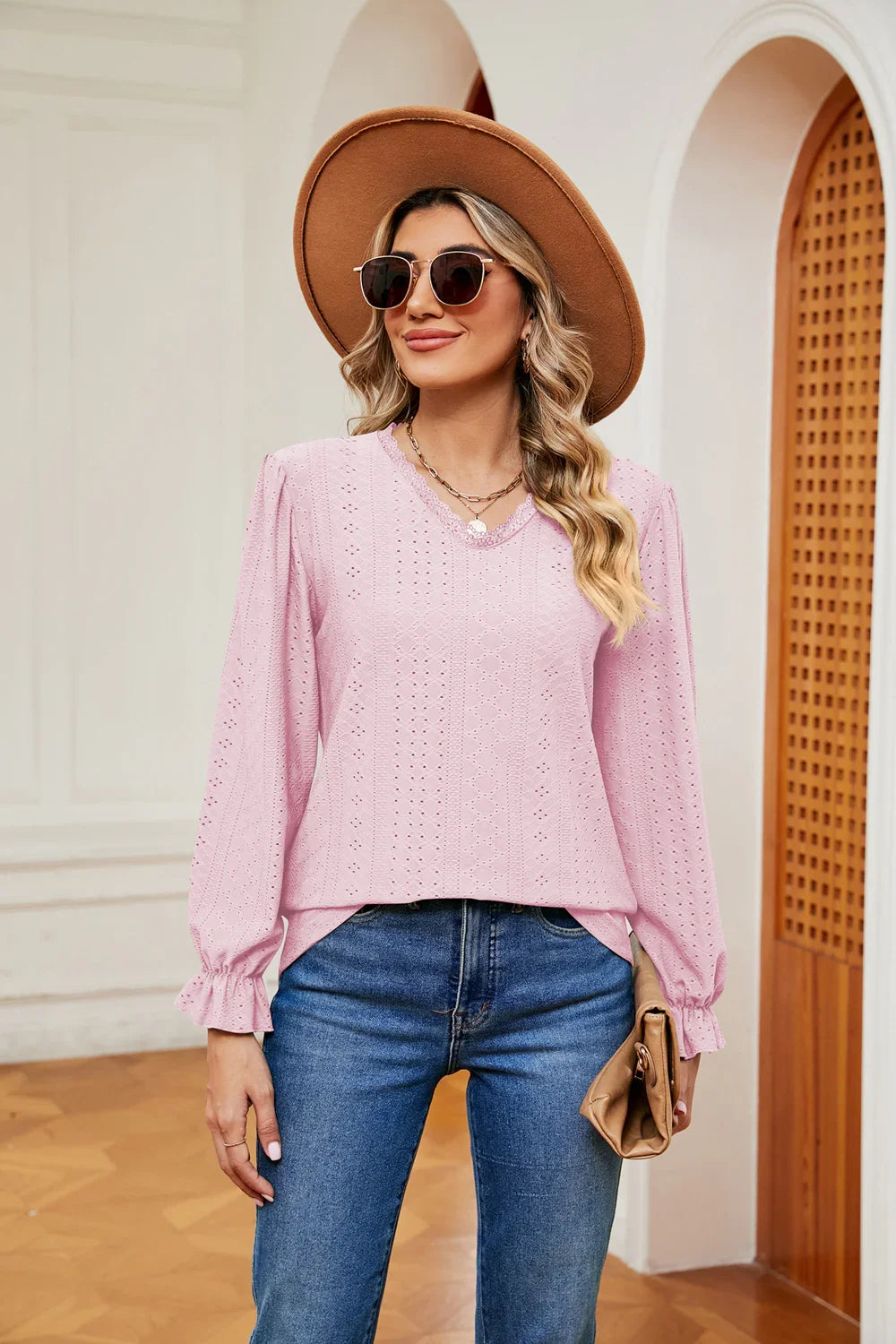 Southern Shores V-Neck Flounce Sleeve Lace Blouse In Stretch Rayon Blend Fabric For Versatile Wear - Southern Shores Clothing