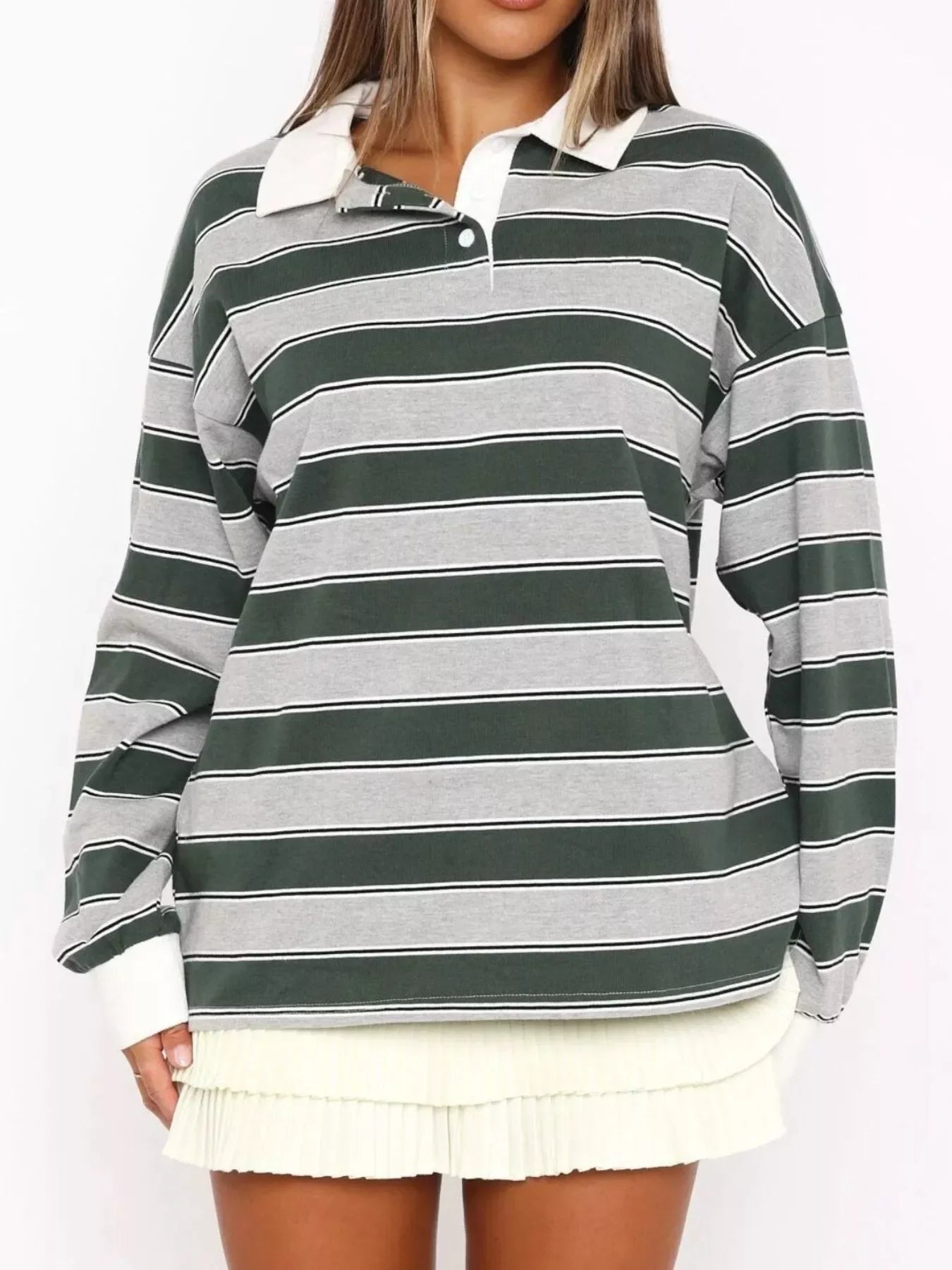 Striped Button Detail Long Sleeve Polo - Southern Shores Clothing