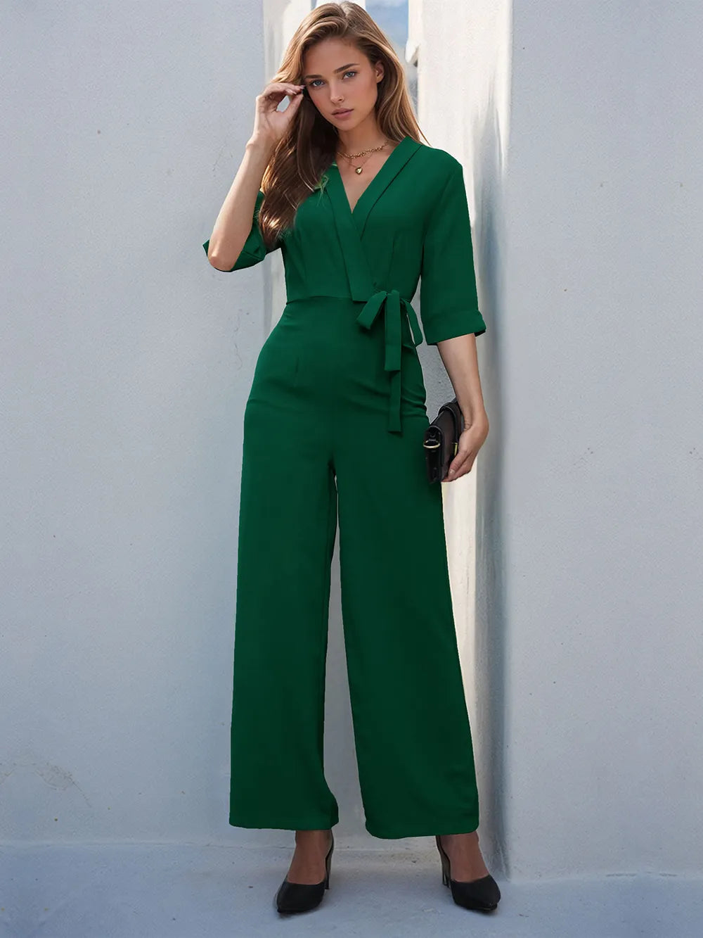 Surplice Half-Sleeve Wide-Leg Jumpsuit Bow-Detail