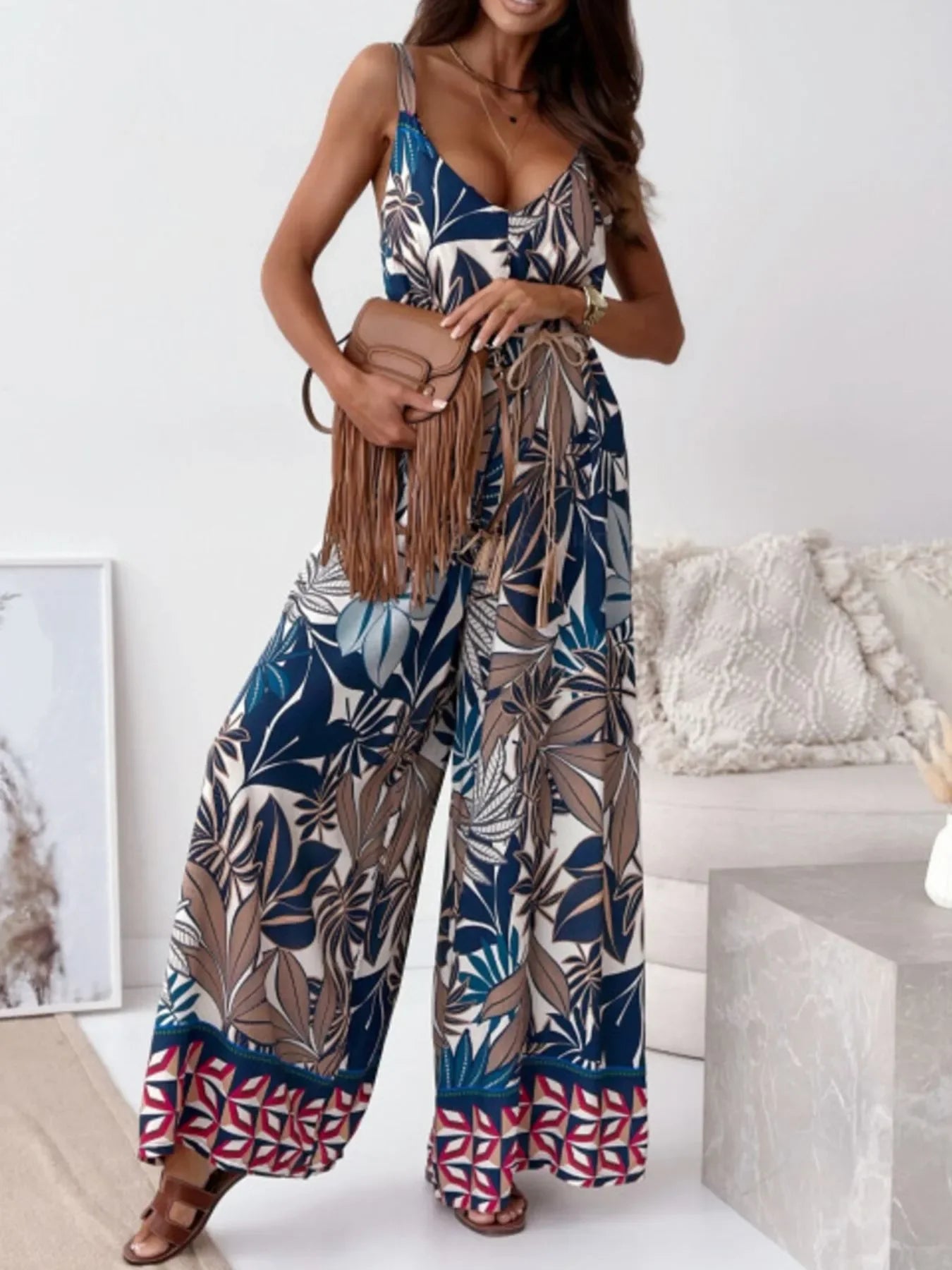 Paisley Print Spaghetti Strap Wide Leg Jumpsuit - Southern Shores Clothing