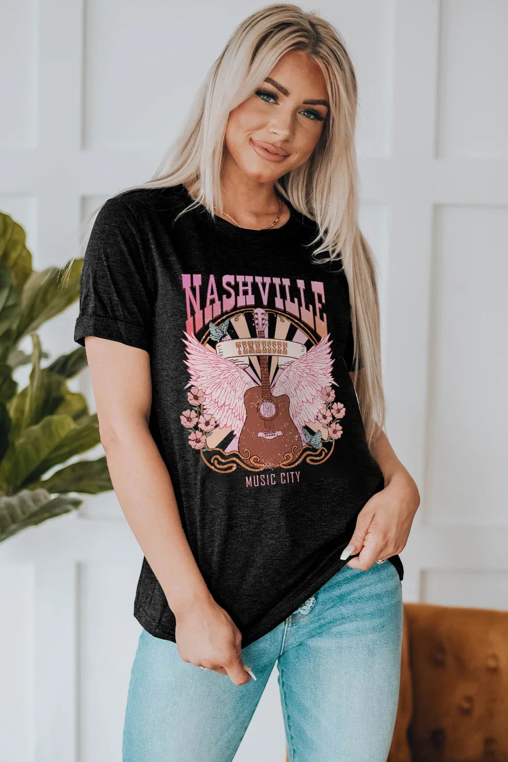 Nashville Music City Graphic Round Neck T Shirt - Southern Shores Clothing