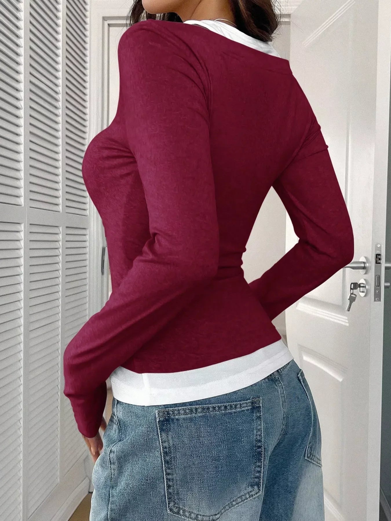 Scoop Neck Long Sleeve Fake Two-Piece T-Shirt - Southern Shores Clothing