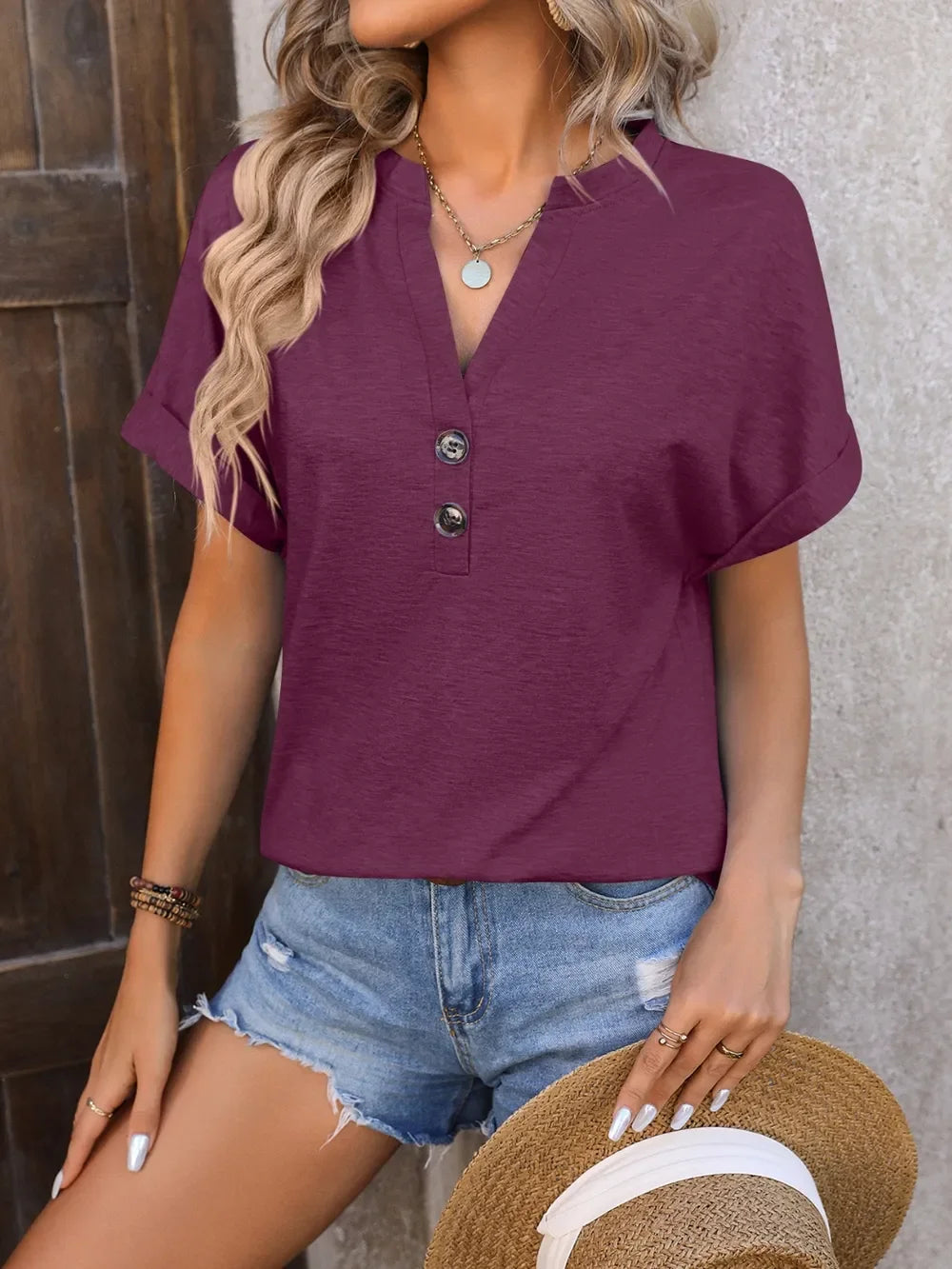 Mandy Notched Buttoned Short Sleeve T-Shirt - Southern Shores Clothing